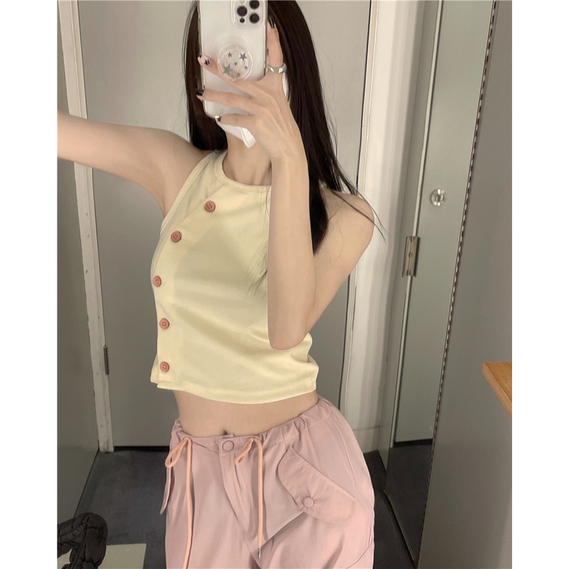 ♦◎Áo Không Tay Dáng Ngắn Phối Nút Cài Màu Hồng Nữ Tính Phong Cách Âu Mỹ