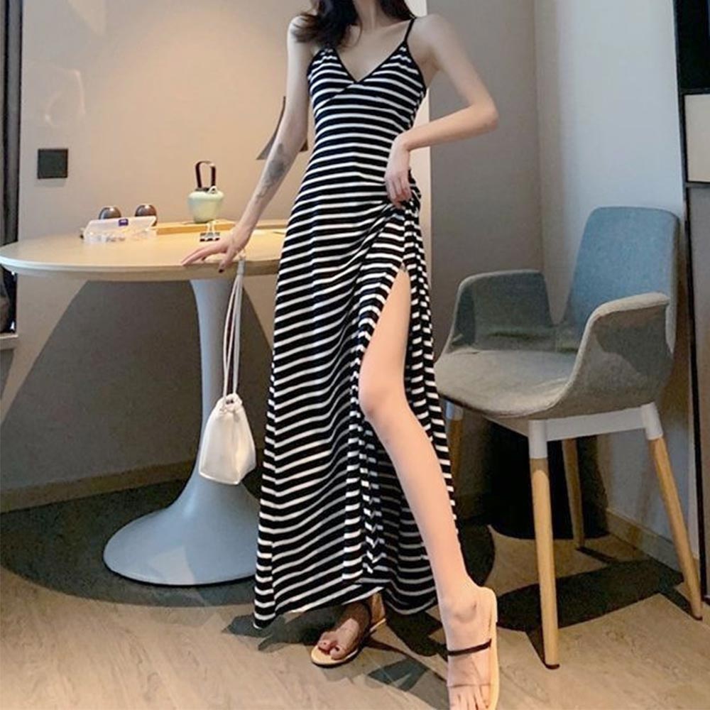 Đầm hai dây cổ chữ V màu đen họa tiết kẻ sọc phong cách Pháp thời trang quyến rũ cho nữ