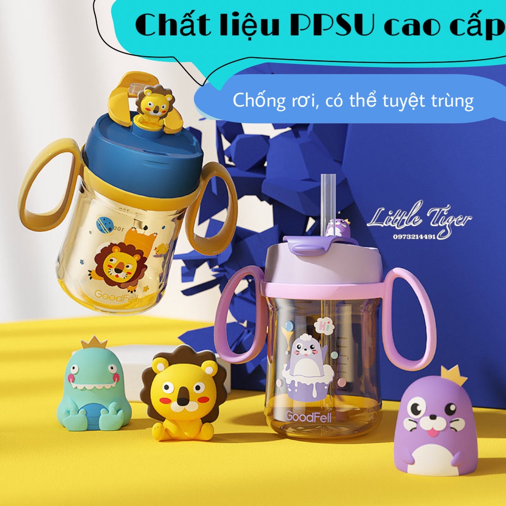 Bình ống hút Little Tiger cho bé - Bình uống nước uống sữa dạng ống hút PPSU cao cấp 300ml