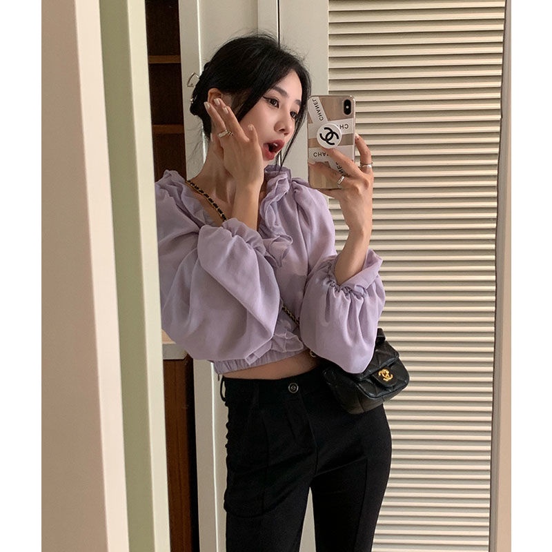 Áo Sơ Mi Chiffon Tay Dài Cổ Chữ v Phong Cách Hàn Quốc Thời Trang Cho Nữ