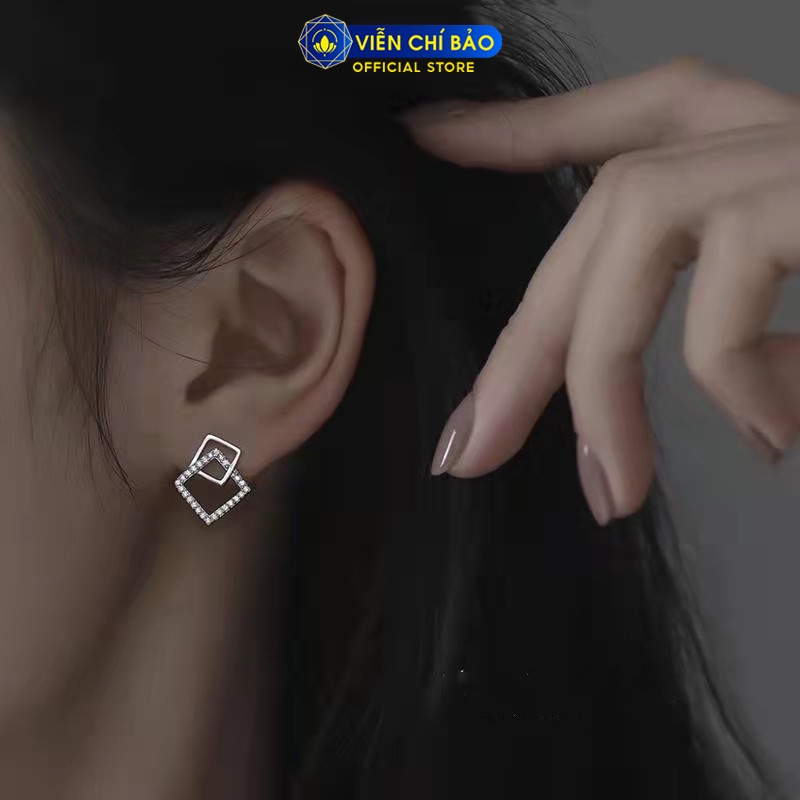 Bông tai bạc nữ hình vuông đính đá chất liệu bạc Ý thời trang phụ kiện trang sức nữ thương hiệu Viễn Chí Bảo B400575
