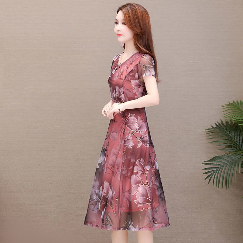 Rẻ và đẹp✧☈váy lưới mới Mẹ mùa hè Đầm rộng lớn Vợ chồng 40 tuổi 50 phụ nữ trung niên sườn xám