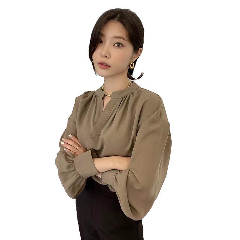 Áo Kiểu Tay Dài Cổ Chữ V Xếp Ly Thời Trang Hàn Quốc 2022 Cho Nữ