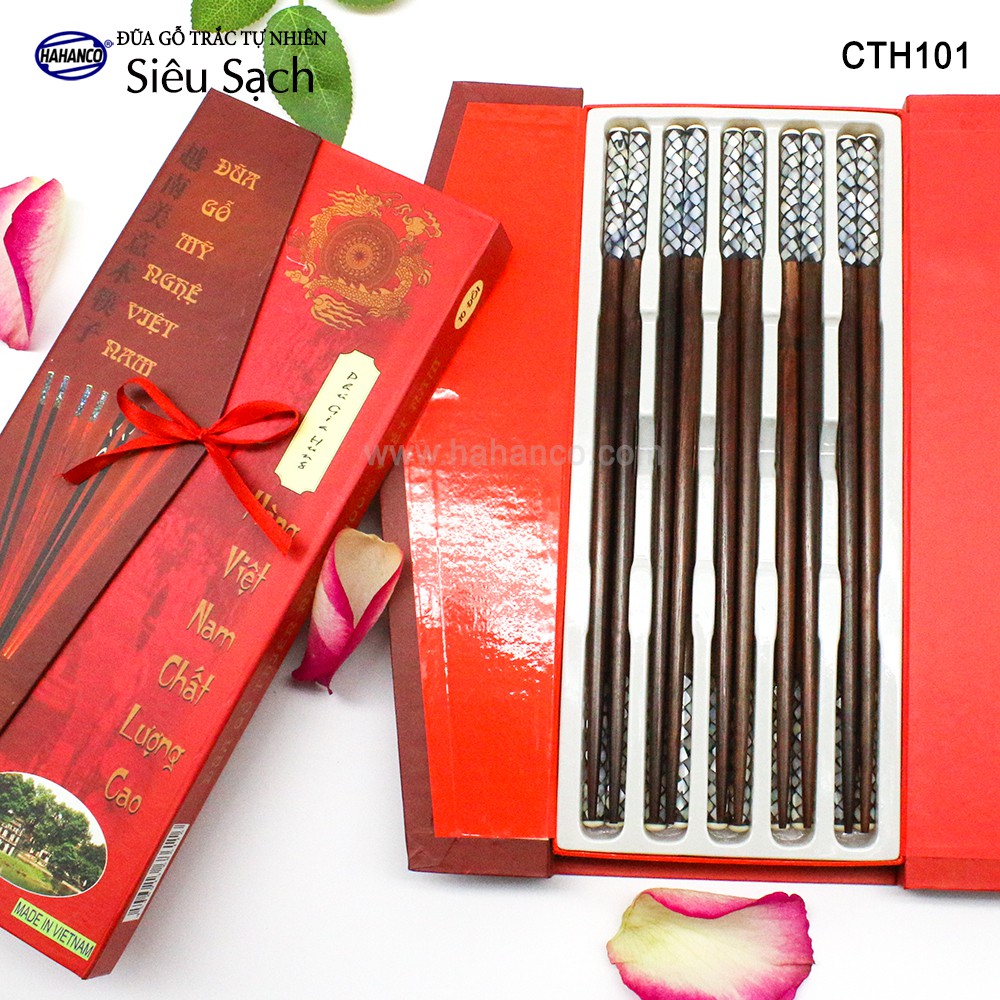 Đũa gỗ Trắc Việt Nam đầu cẩm xà cừ đẹp (10 đôi/hộp) CTH757 - Chopstick of HAHANCO