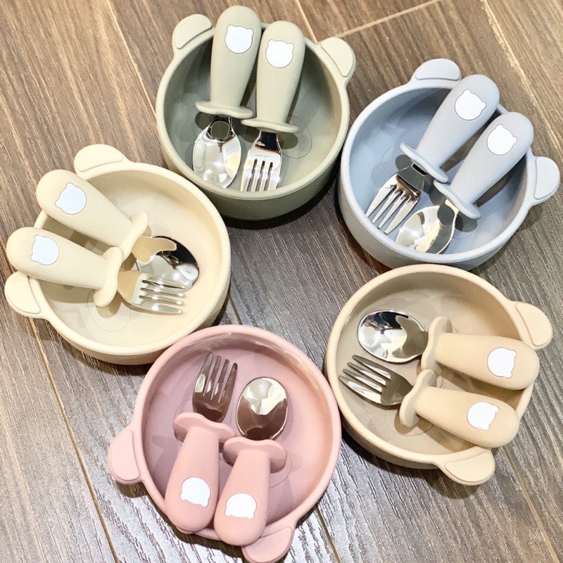 Set thìa - nĩa Silicon hình gấu Bar rot cho bé tập ăn dặm - Barrot Spoon and fork set