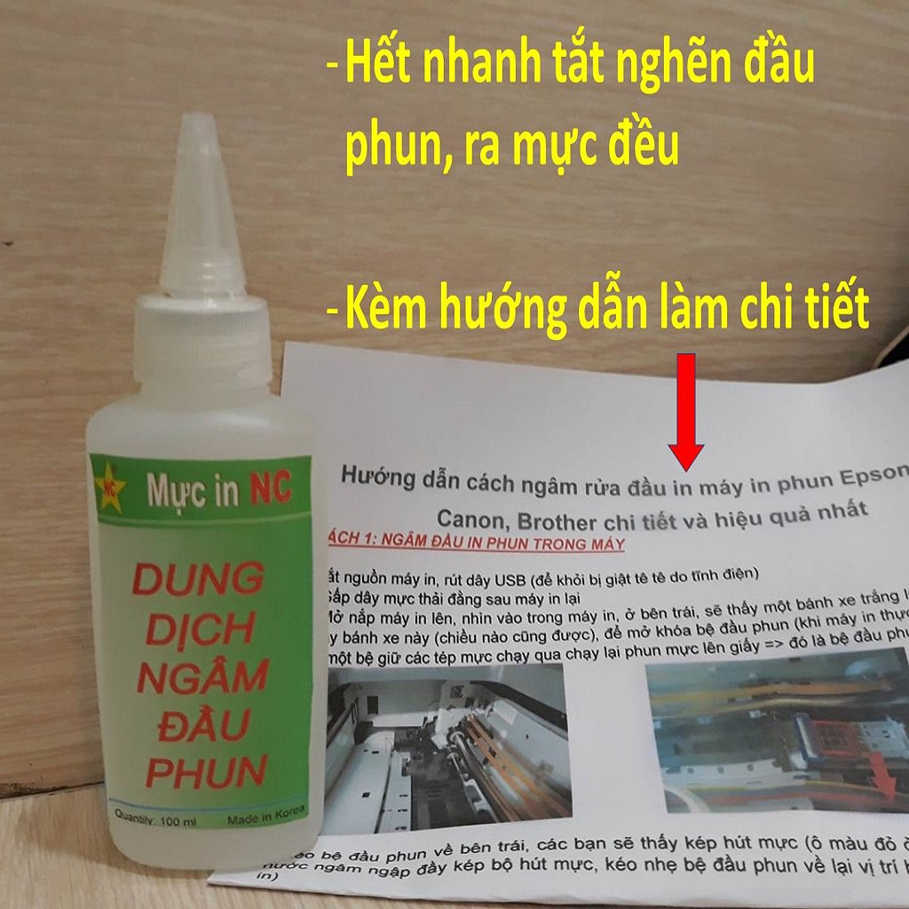 Nước ngâm đầu phun máy in Epson, Cano, HP, Brother. Hết nhanh tắt nghẽn, có hướng dẫn. Dung dịch hóa chất rửa đầu phun