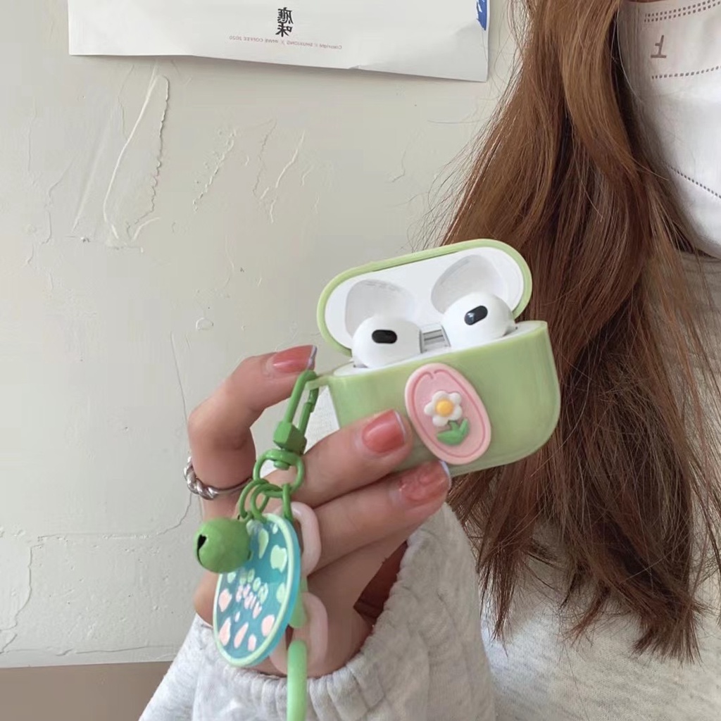 Vỏ Bảo Vệ Hộp Sạc Tai Nghe airpods 1 2 pro Bằng tpu Mềm Hình Hoa Phối Dây Xích Màu Xanh Lá