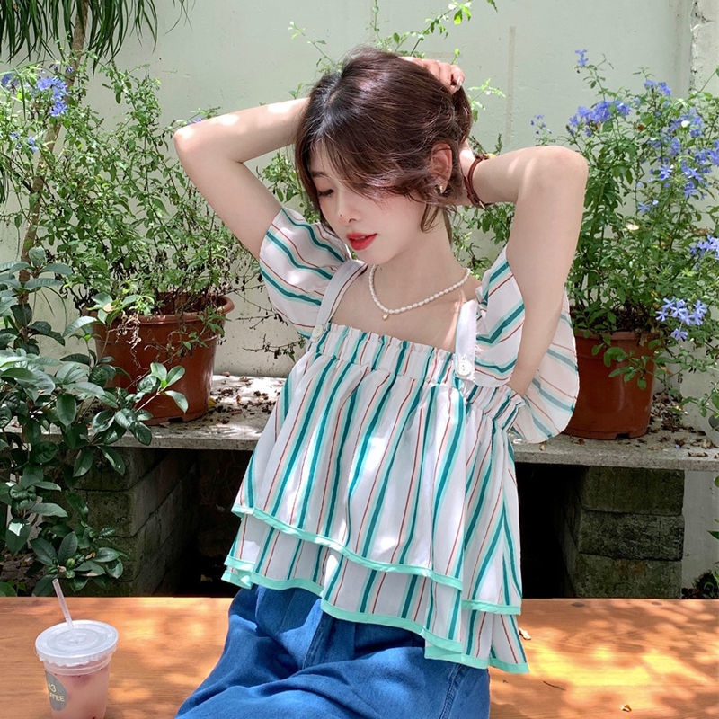 Jiashucheng Áo Sơ Mi Ngắn Tay Ống Bay Họa Tiết Kẻ Sọc Thời Trang Mùa Hè Kiểu Pháp Có Thể Tháo Rời Cho Nữ