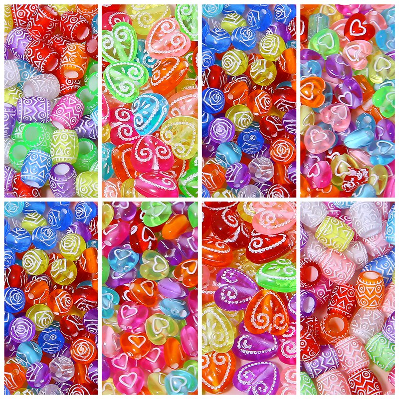 Gói 30g hạt acrylic khắc hoa / trái tim phong cách cổ trang xỏ lỗ làm vòng tay / vòng cổ thủ công DIY