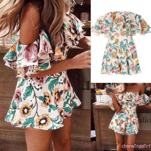 Jumpsuit trễ vai họa tiết hoa quyến rũ thời trang cho nữ