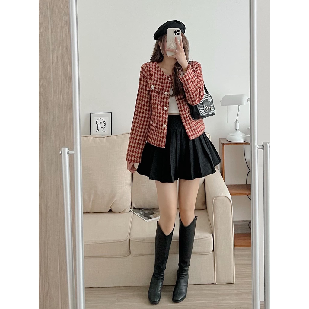 Áo khoác dạ 2 lớp  tweed túi giả kẻ caro 2 màu basic kiểu dáng Hàn Quốc