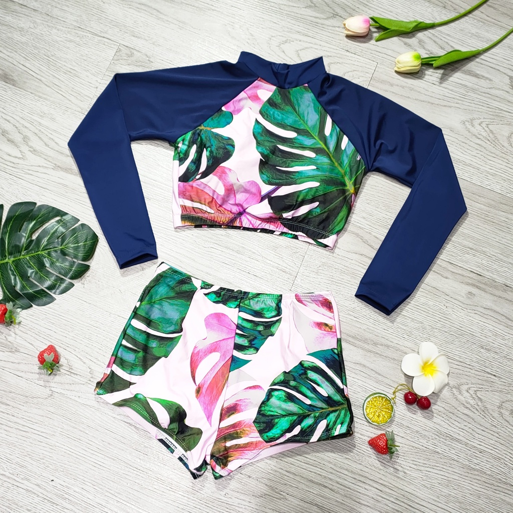 Bộ Đồ Bơi Nữ 2 Mảnh Quần Đùi Cạp Cao Aó Crop Dài Tay Bin Sports BHV093