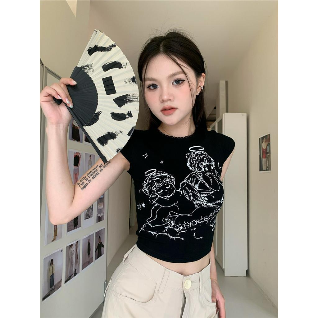 63002 Retro Mùa Hè Mỏng Vừa Vặn Cô Gái Truyện Tranh In Áo Ngắn