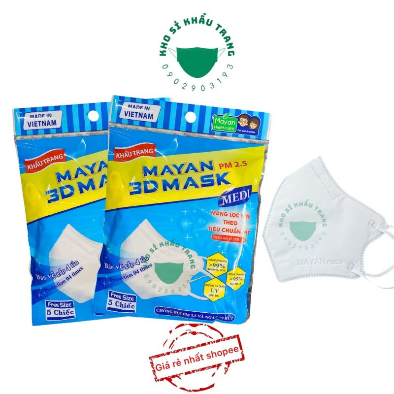Khẩu trang 5 lớp Mayan 3D mask medi chống bụi PM 2.5 và ngăn vi rút túi 5 chiếc free size
