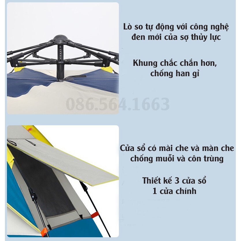 Lều Cắm Trại Tự Động Chống Thấm Nước 3 Cửa Sổ Có Màn Che Chống Muỗi - Lều Dã Ngoại Du Lịch Cho 4 - 6 Người