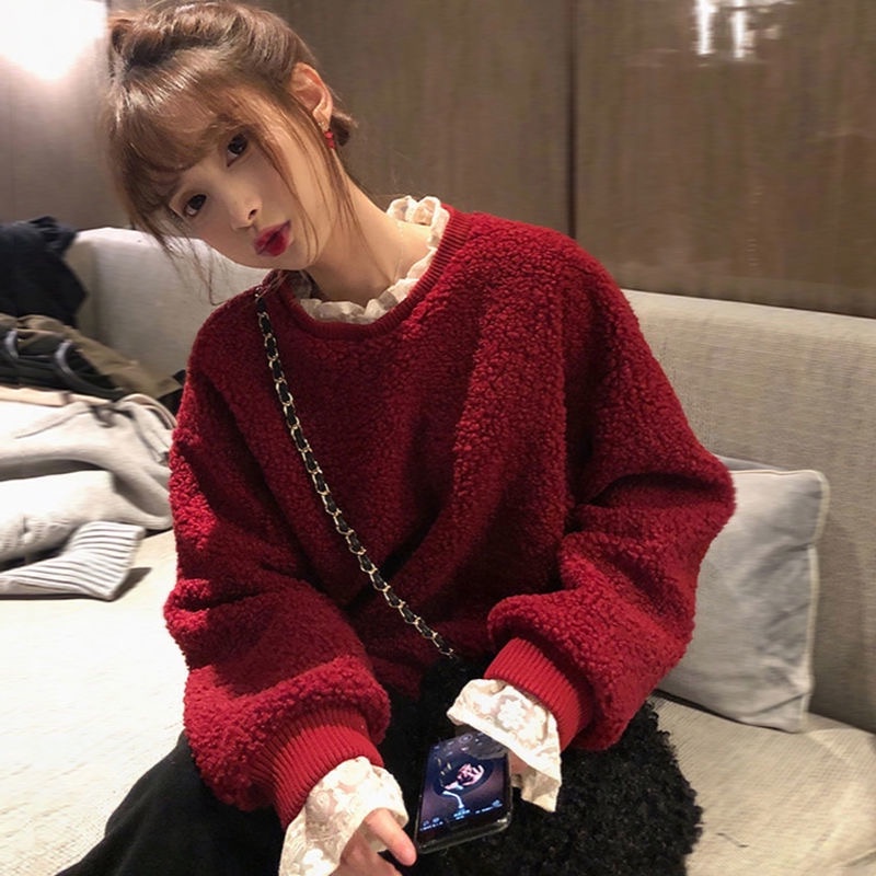 Áo Sweater phối nhung lông cừu dày thời trang Hàn Quốc mới cho nữ