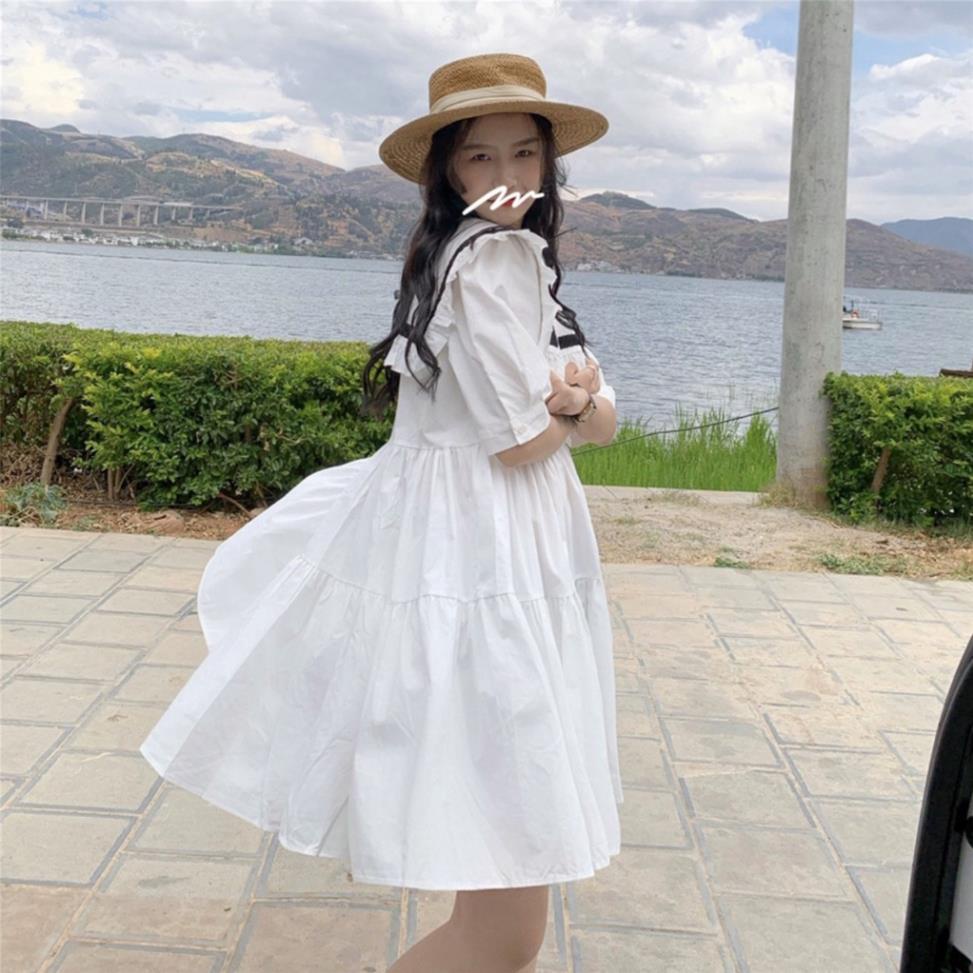 Đầm nữ bigsize babydoll phối viền bèo ống tay bo ngắn kiểu dàng xòe thời trang hè Ulzzang trẻ trung cá tính | BigBuy360 - bigbuy360.vn