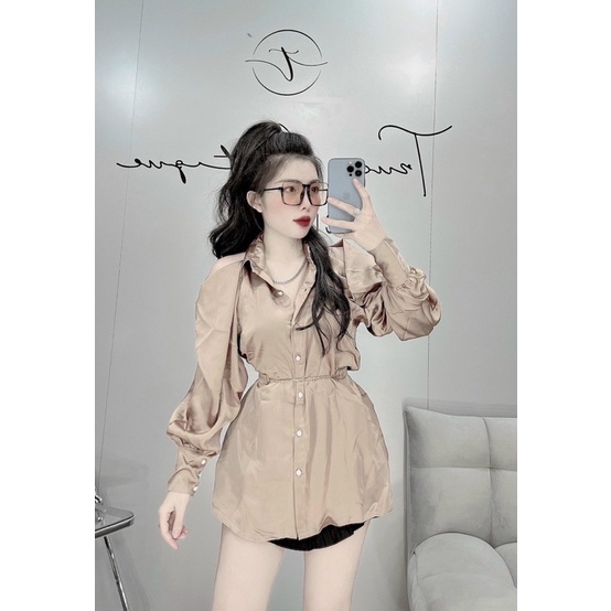 Đầm Sơ mi Satin Nút Châu Khoét Vai