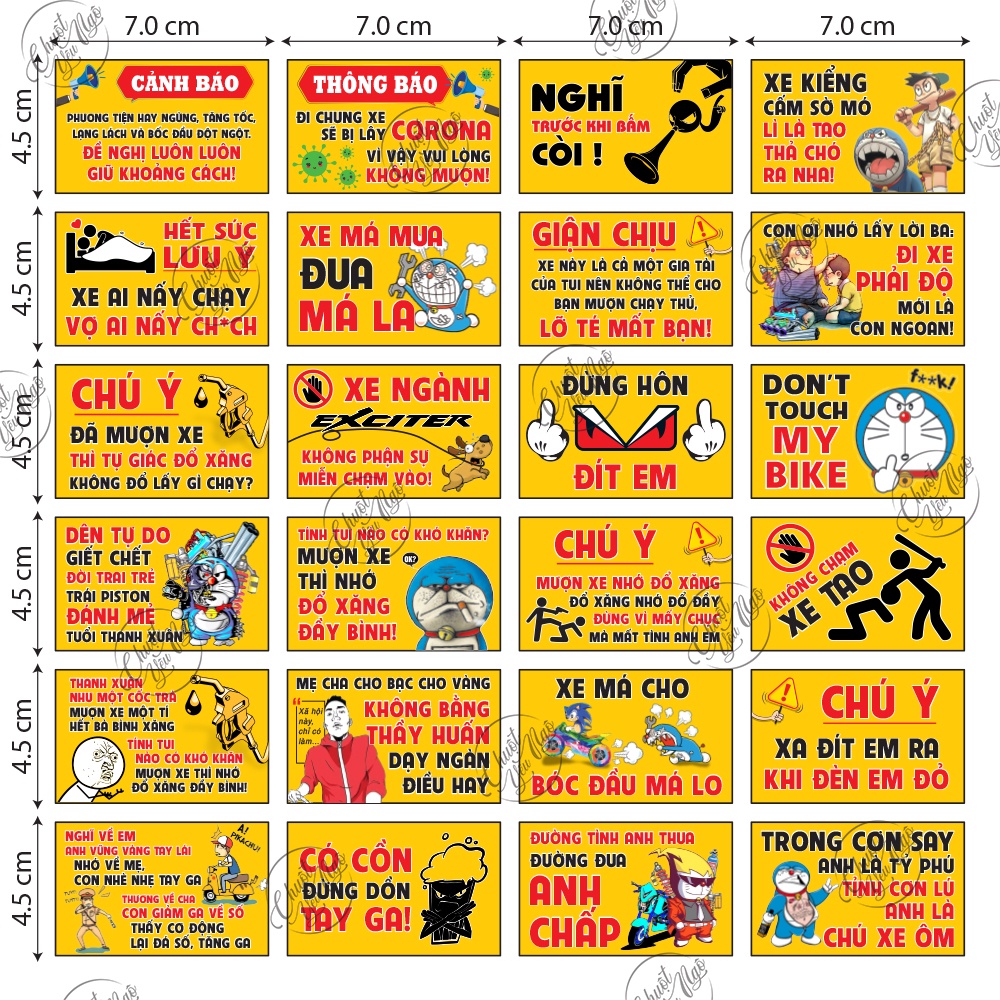 Nguyên bộ 24 tem cảnh báo vui mượn xe nhớ đỗ xăng không chạm xe tôi xe ai náy chạy xe má mua đua má la xe kiểng cấm sờ