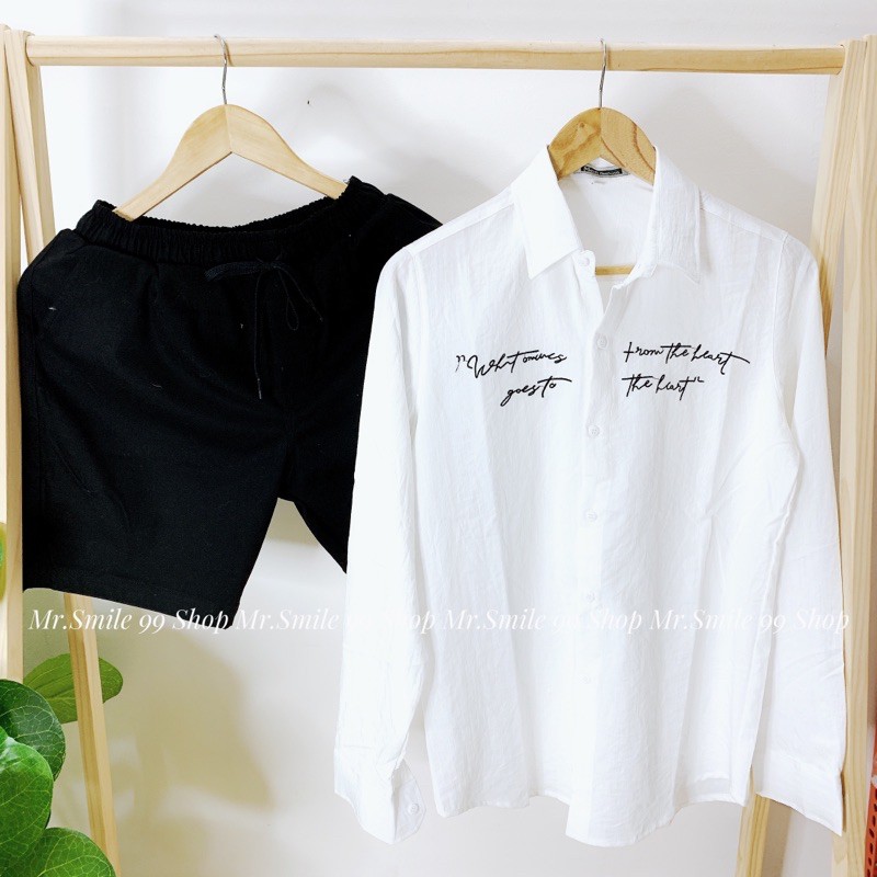 ÁO SƠ MI BASIC ĐŨI THÊU CHỮ TAY DÀI UNISEX MR SMILE 99 SHOP | BigBuy360 - bigbuy360.vn