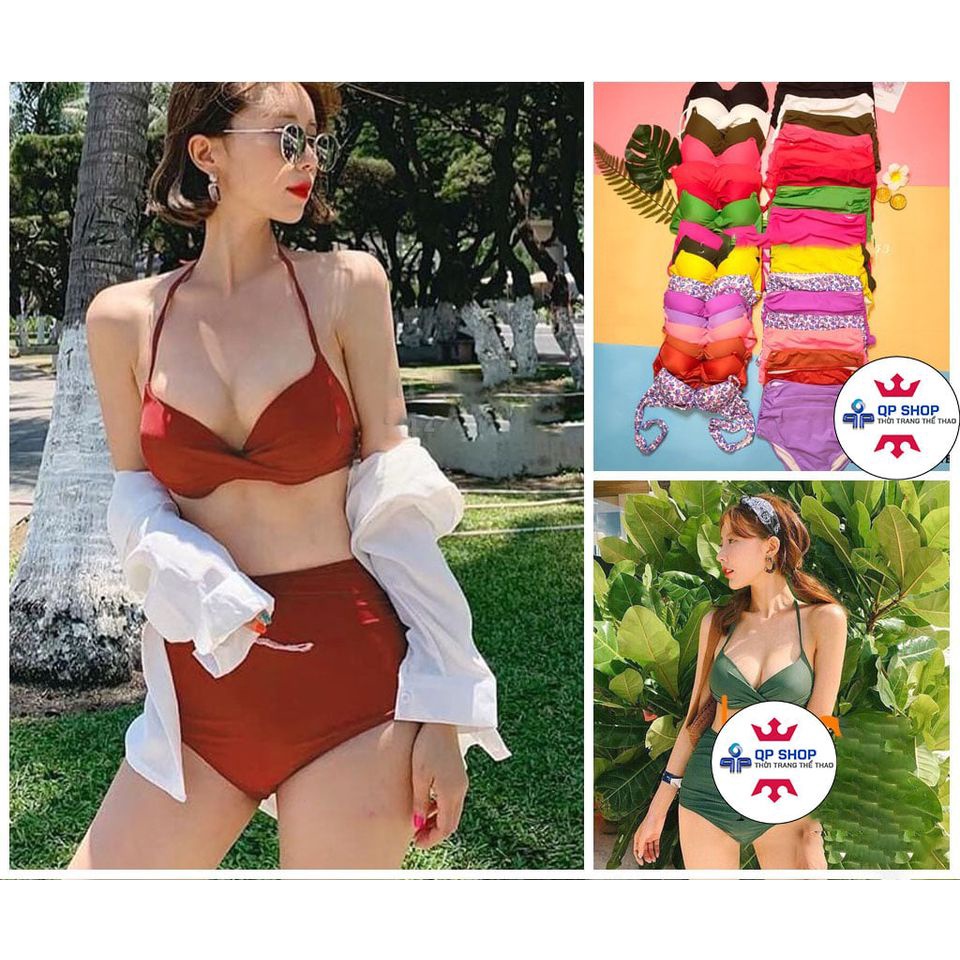 Bikini Đồ Bơi Nữ Hai Mảnh 2 Dây Chéo Bụng Quần Cạp Cao 9 Tấc hack V2 Tặng Kèm Mút Lót Ngực Tiện Lợi QP007