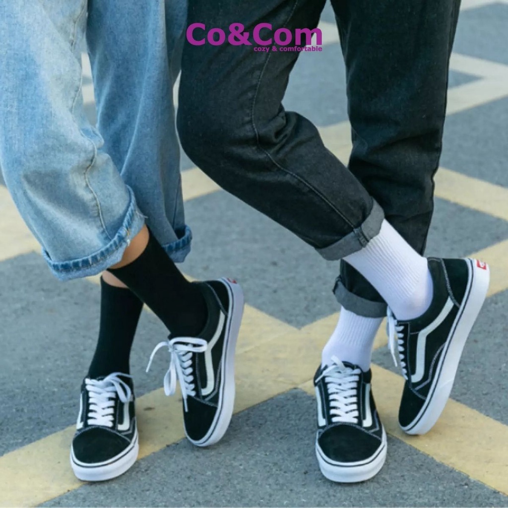 Tất Cổ Cao Unisex Kiểu Dáng Hàn Quốc 2 Màu Đen Trắng Co&amp;Com Vớ Nam Nữ Cotton Mềm Mịn Chống Hôi Chân DPTN009