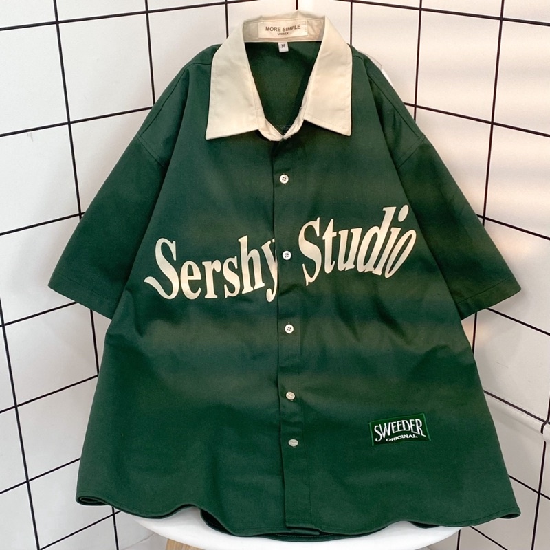 Áo sơmi tay lỡ unisex SERSHY màu XANH LÁ/KEM Nam nữ unisex  Áo Sơ Mi form rộng style Ulzzang