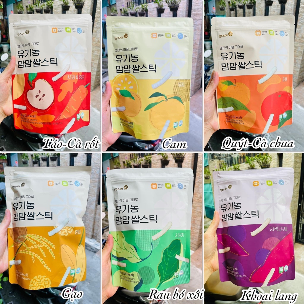 Bánh gạo hữu cơ hình que Momsmi 6m Hàn Quốc date 9/2024