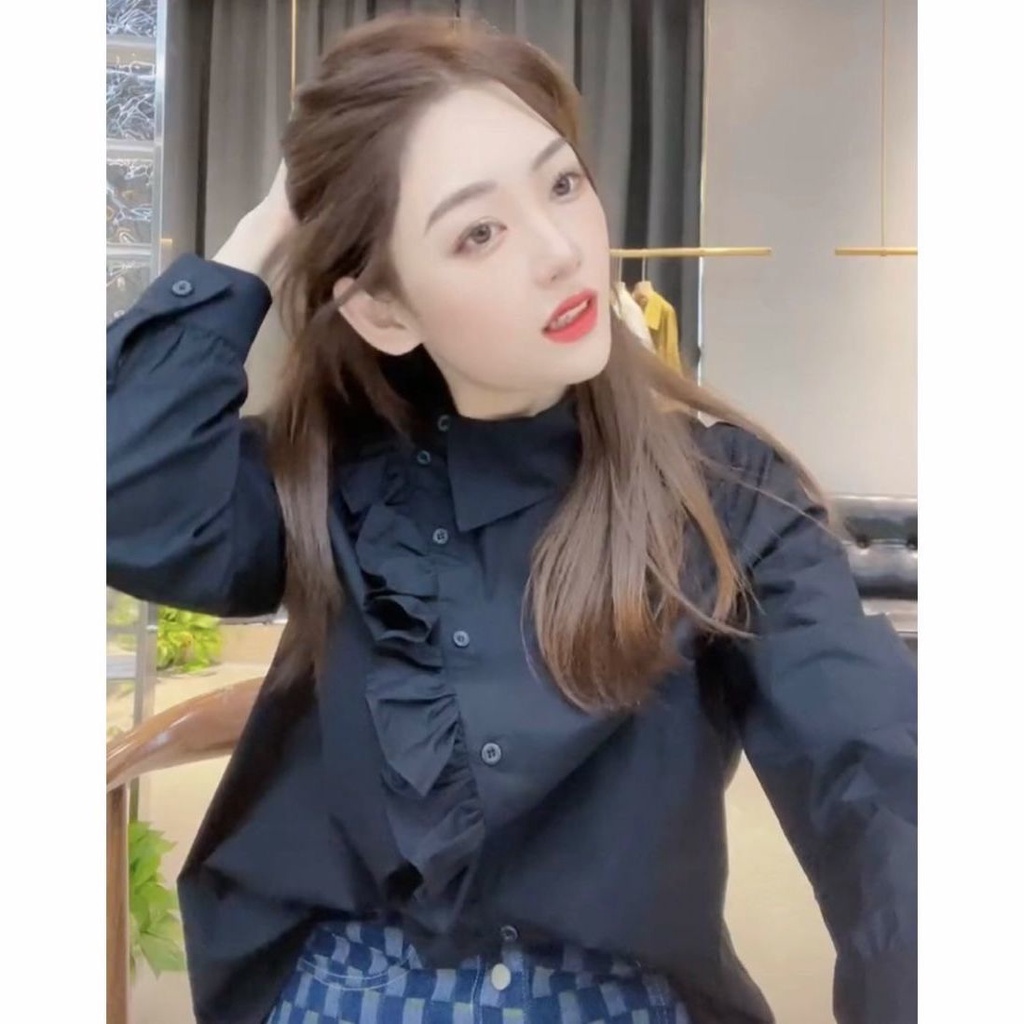 Wu Xiaotong Studio Áo Sơ Mi Mỏng Màu Trơn Cài Nút Ren Sớm Thời Trang Cổ Điển