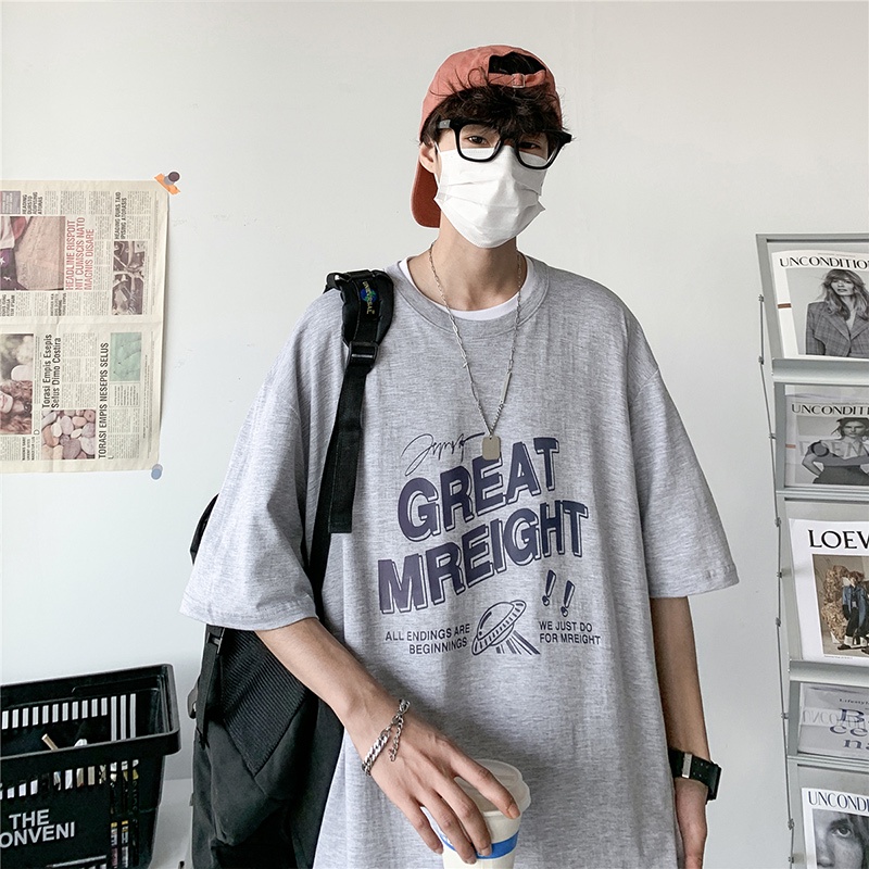 Áo thun tay ngắn cổ tròn dáng rộng in chữ phong cách Hàn Quốc size S-8XL cho nam