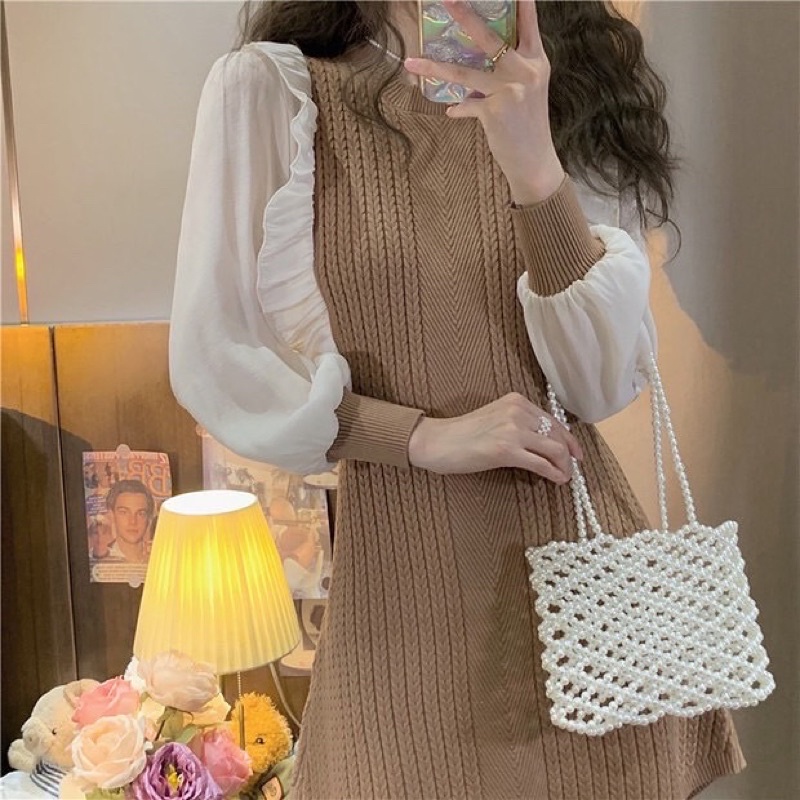 Váy len phối tay voan trắng ulzzang