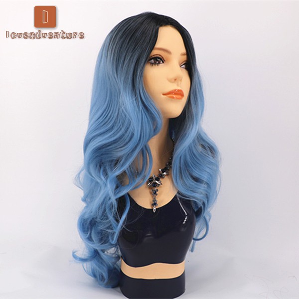 LV△ Women Gradient Blue Long Curly Wig Synthetic Curly Wavy Hair Heat Resistant Wig