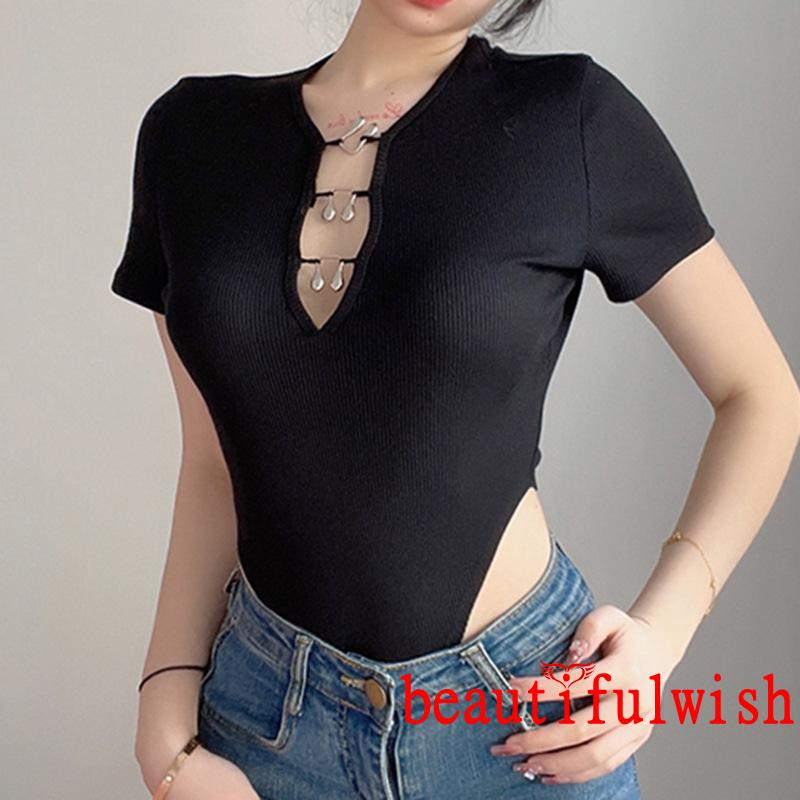 BEAUTIFULWISH-Women´s Summer Knitted Bodysuit Black Short Sleeve Round Neck Front Crochet Buckle Playsuit | BigBuy360 - bigbuy360.vn