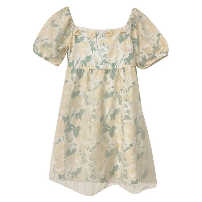 Đầm Tay Ngắn Cổ Vuông Phối Lưới In Họa Tiết Dễ Thương Thời Trang Mùa Hè Cho Nữ