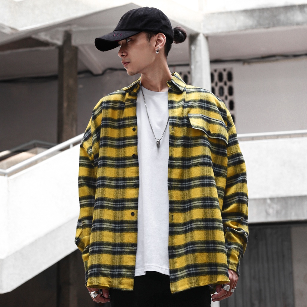 Áo Sơ Mi Flannel Màu Vàng Sọc Đen Form Rộng Thoải Mái Chất Liệu Cotton Thoáng Mát