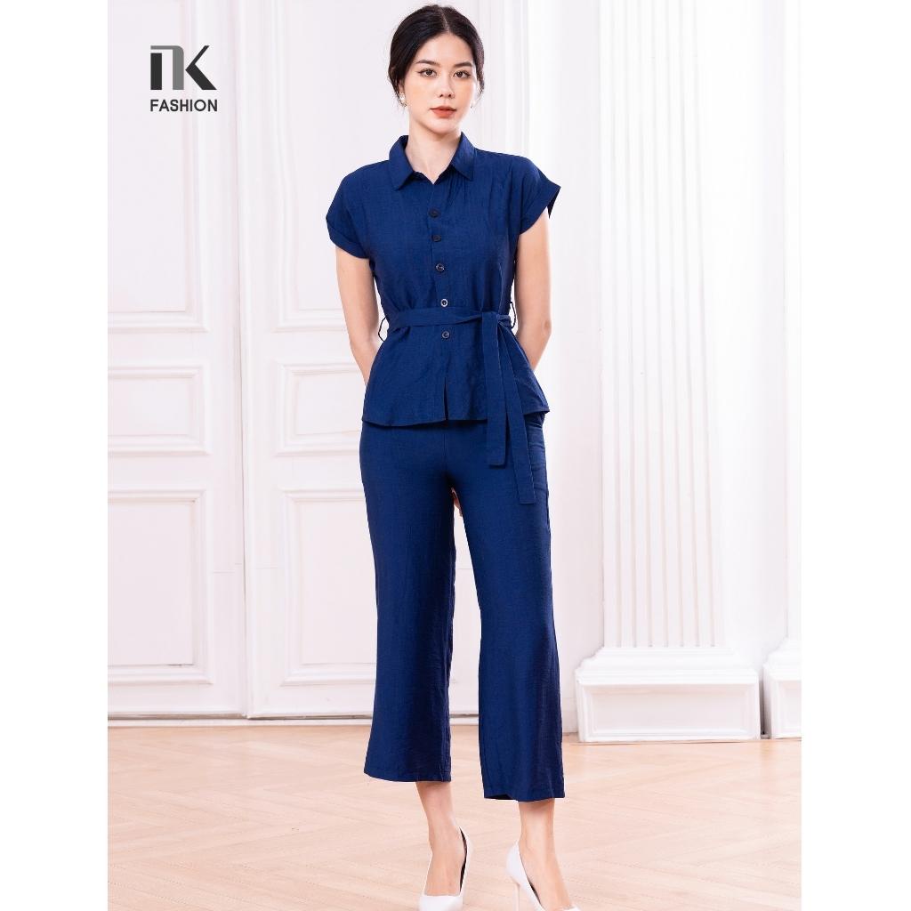 Bộ Đồ Nữ Công Sở NK Fashion Áo Sơ Mi Ngắn Tay Phối Quần Ống Rộng, Chất Liệu Vải Hàn Cao Cấp NKBD2204008