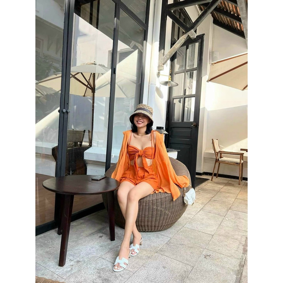 Set bộ bikini đi biển 3 món siêu hot hit chất liệu coton lanh phối tơ sước cao cấp 3 màu như hình