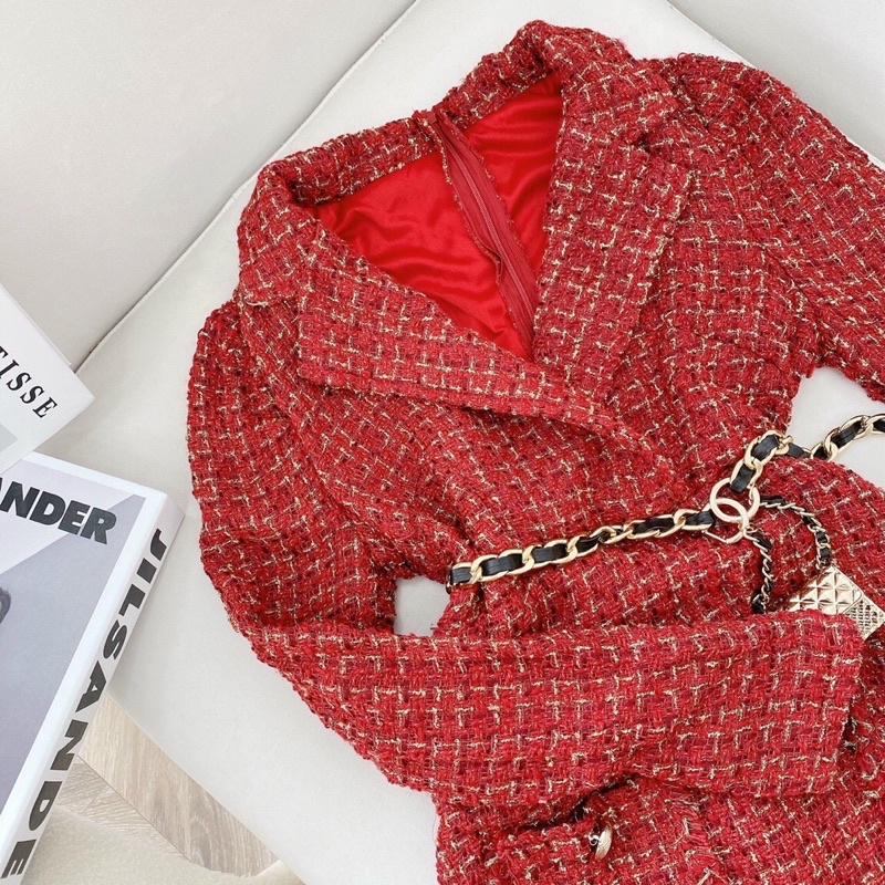 Đầm tweet đỏ dài tay