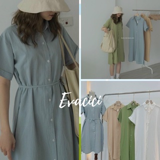 {Evacici} Váy sơ mi cộc tay vạt lệch hàn quốc, from rộng, dây thắt nơ eo