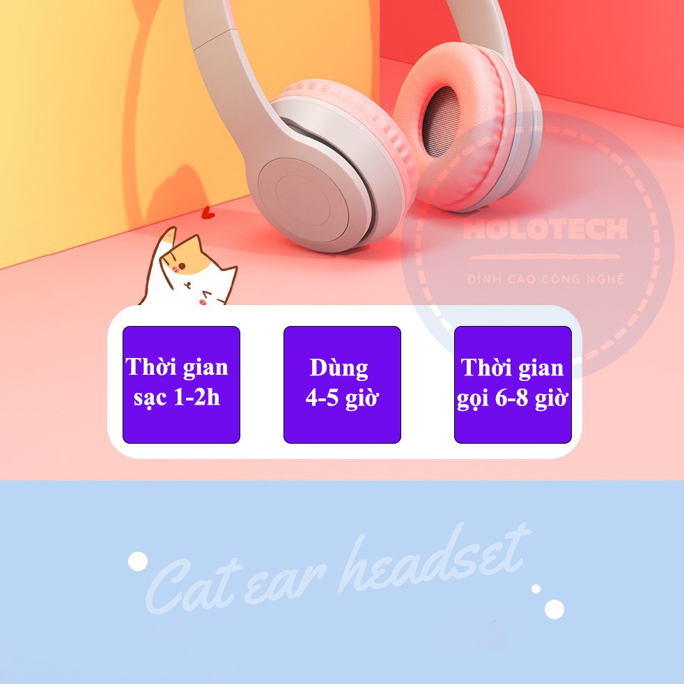 Tai Nghe Bluetooth Tai Mèo HOLOCOM P47M Có Đèn Led Nhiều Màu Xinh, Tai Nghe Chụp Tai Không Dây Có Mic Và Khe Cắm Thẻ Nhớ