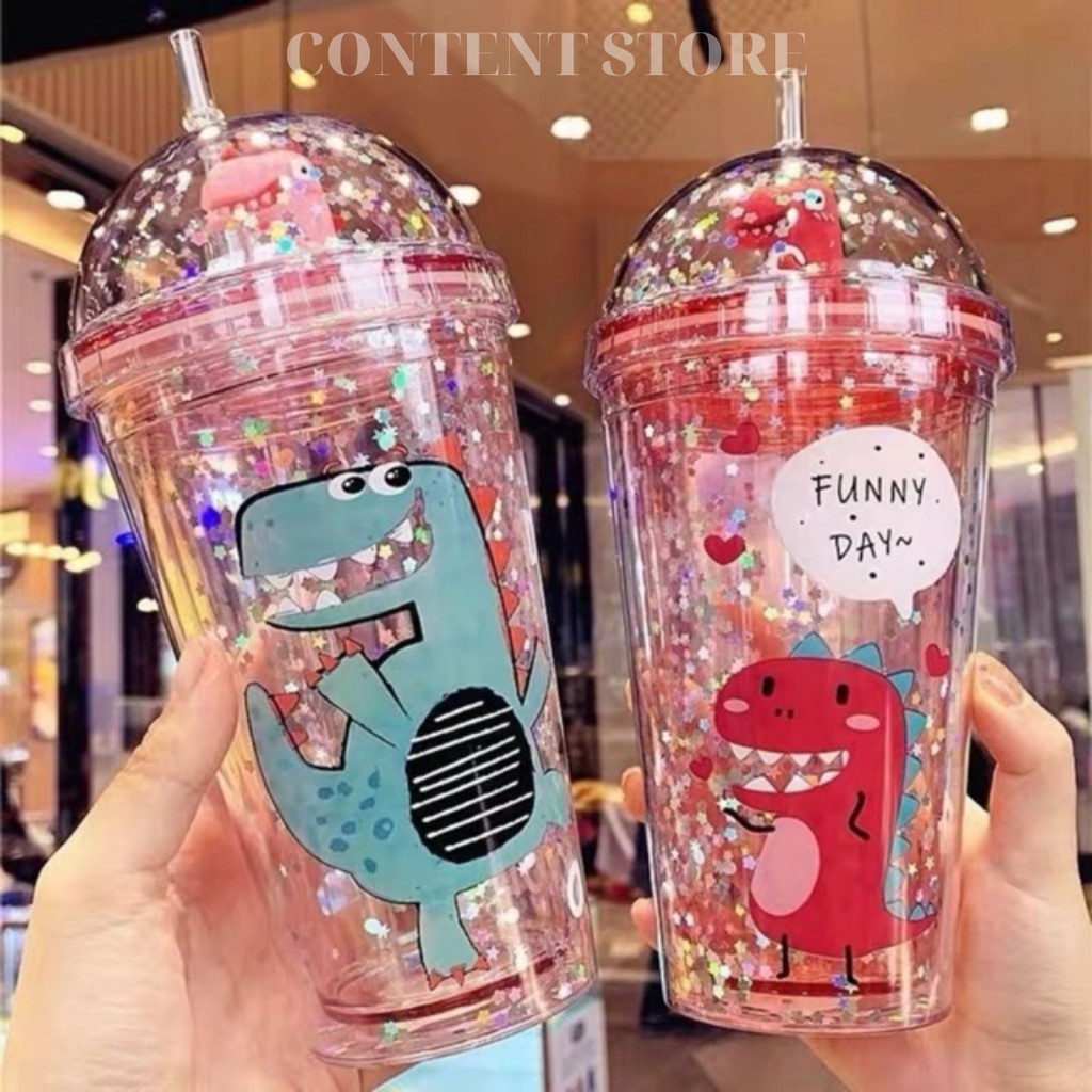 Ly Đựng Nước, Cốc Đựng Nước Nhũ Kim Tuyến Hình Khủng Long 500Ml Kèm Ống Hút Xinh Xắn (GIAO MÀU NGẪU NHIÊN)
