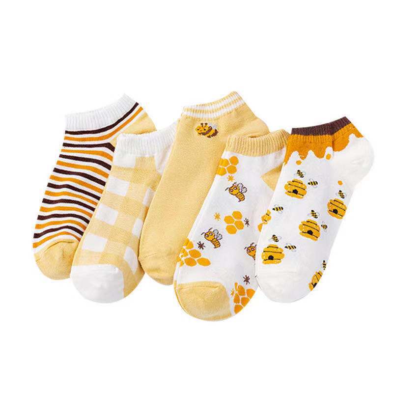 Tất nữ cổ thấp thoáng khí khử mùi combo 5 đôi vớ thời trang gam màu vàng hoạt tiết ong vàng - T002 - Miina Tất