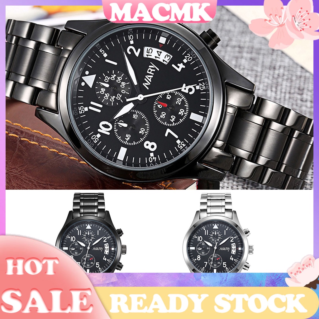 MACmk NARY Round Dial Accurate Alloy Steel Belt Luminous 3 Decorative Dial Life Waterproof Men Watch Quartz Wristwatch