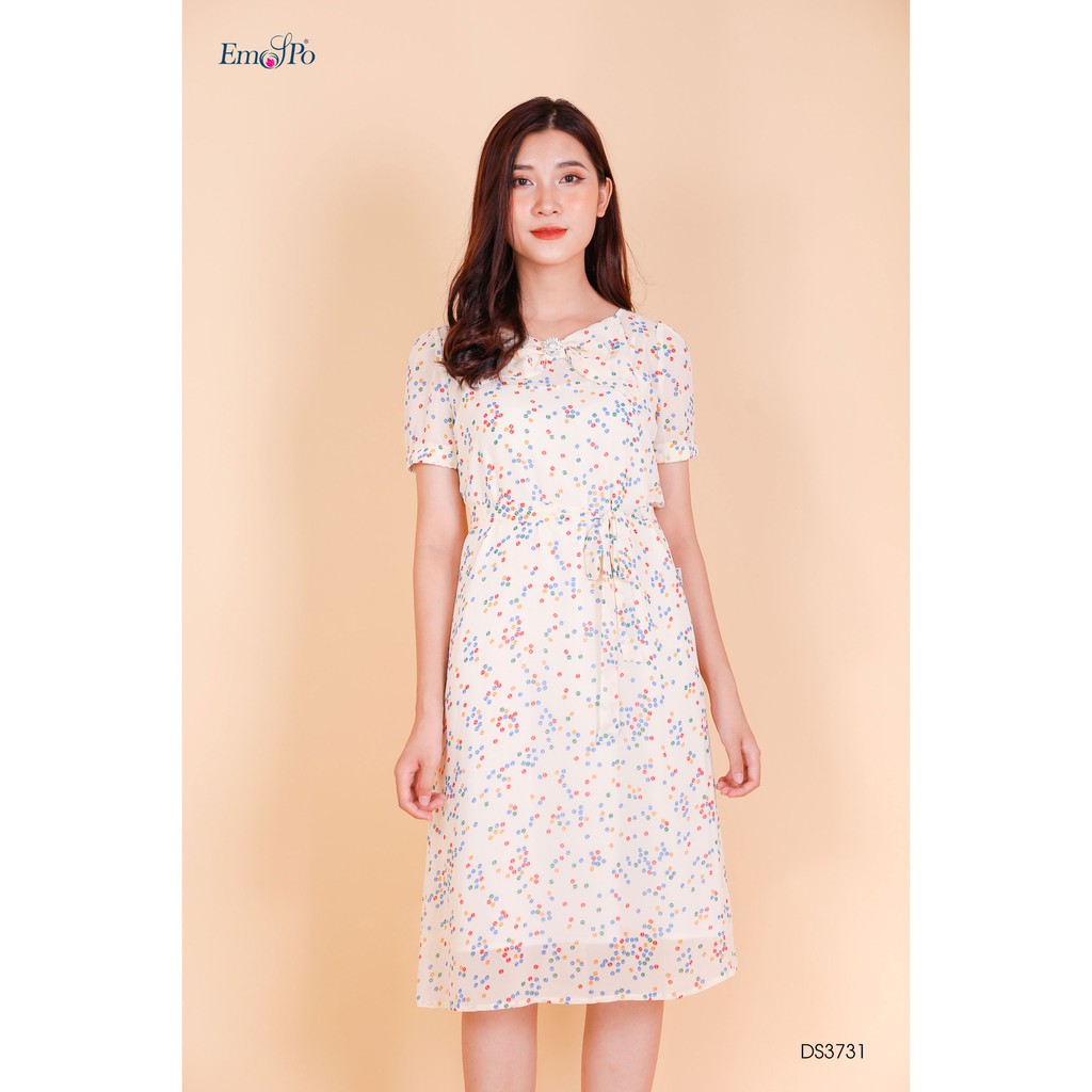 Đầm suông tay bo chun nơ kèm lót hai dây Emspo DS3731 (Be, Vàng)