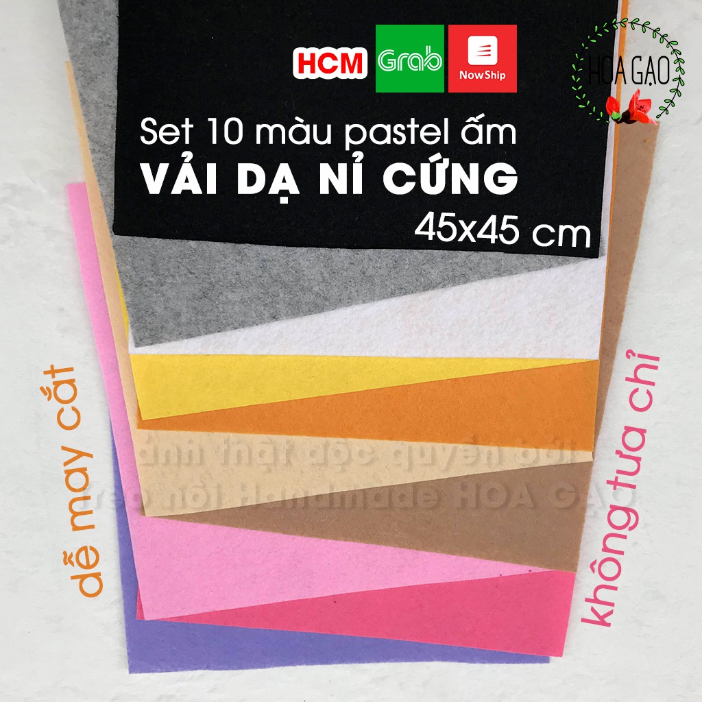 Set vải nỉ cứng pastel ấm 45*45 cm HOA GẠO GNCB4B combo 10 màu khổ trung handmade, trang trí tiệc đồ chơi cho bé