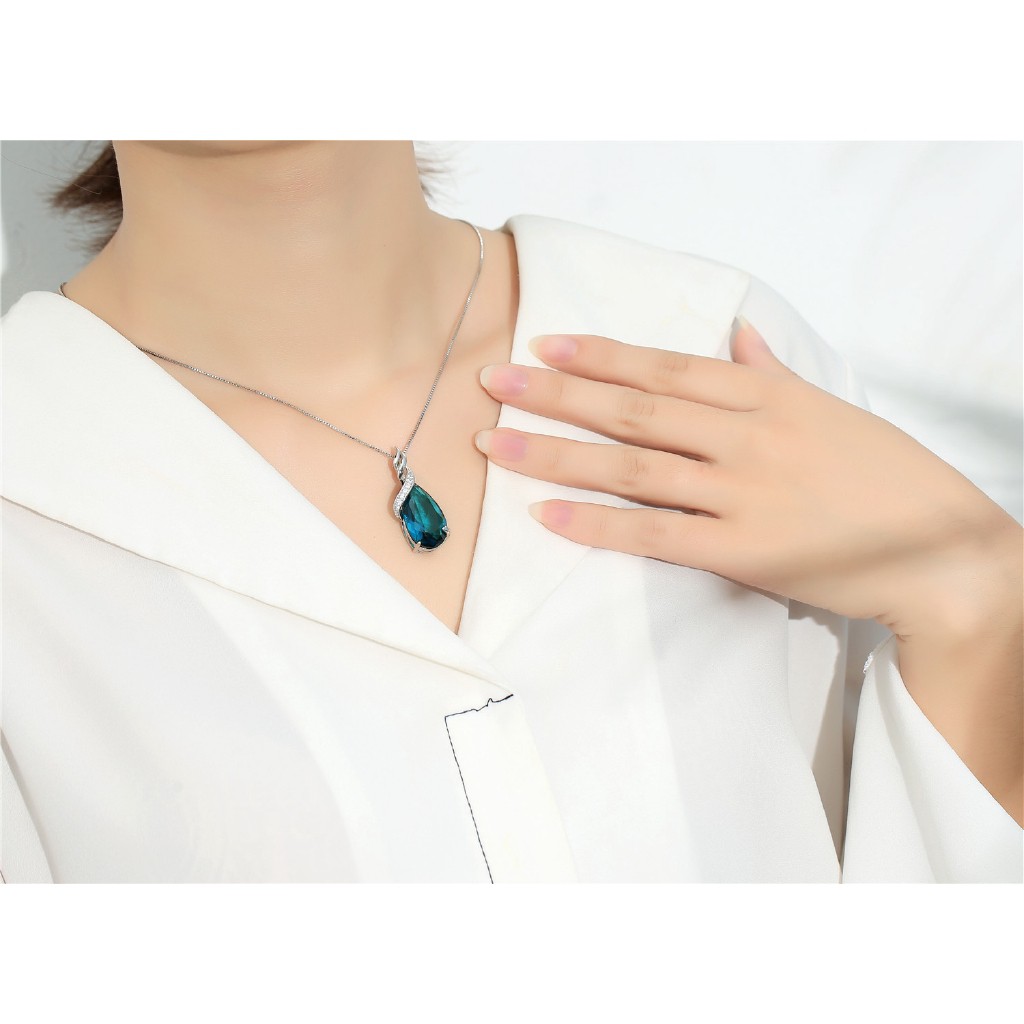 Dây chuyền mạ bạc 925 trang trí mặt hình giọt nước màu xanh dương sapphire phong cách Hàn Quốc 2593