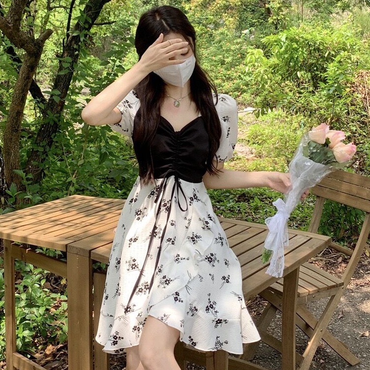 Đầm hoa PERTY cổ vuông dáng chữ A phong cách Hàn Quốc thời trang cho nữ