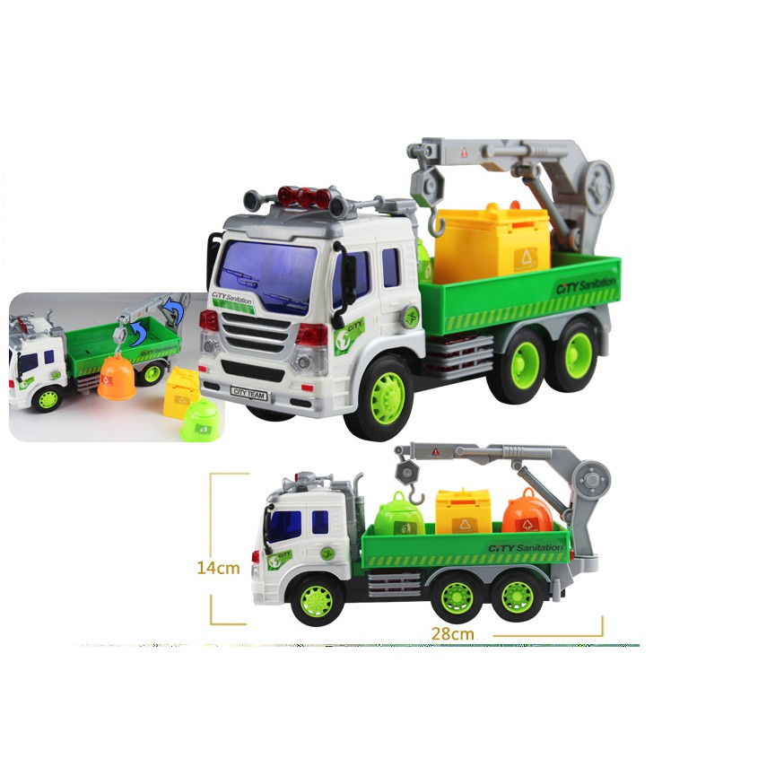 Xe ô tô chở rác có cẩu móc xe đồ chơi trẻ em bằng nhựa có âm thanh và đèn tỉ lệ 1:16