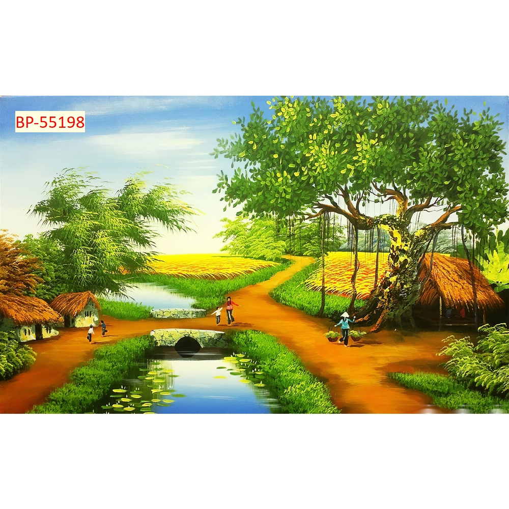 Tranh Dán tường 3D Phong Cảnh Làng Quê Việt Nam yên bình mẫu mới nhất, được ưa chuộng hiện nay