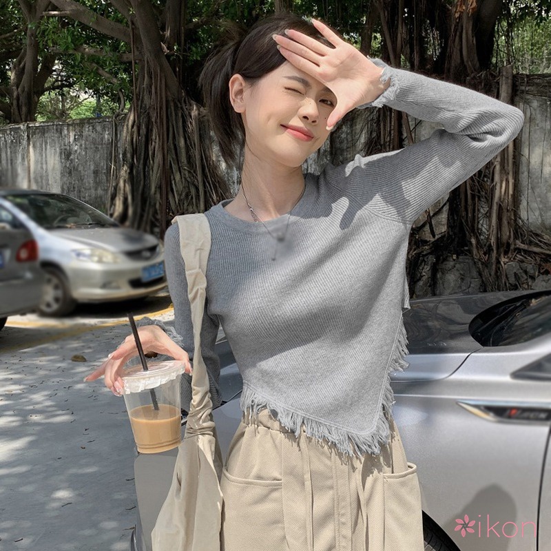 Áo Croptop Dệt Kim Tay Dài Cổ Tròn Màu Sắc Thanh Lịch